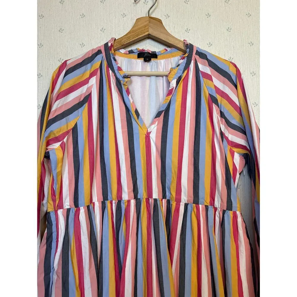 J Crew Tiered Popover Poplin Dress Medium Cotton Multicolor 100% Cotton Pockets